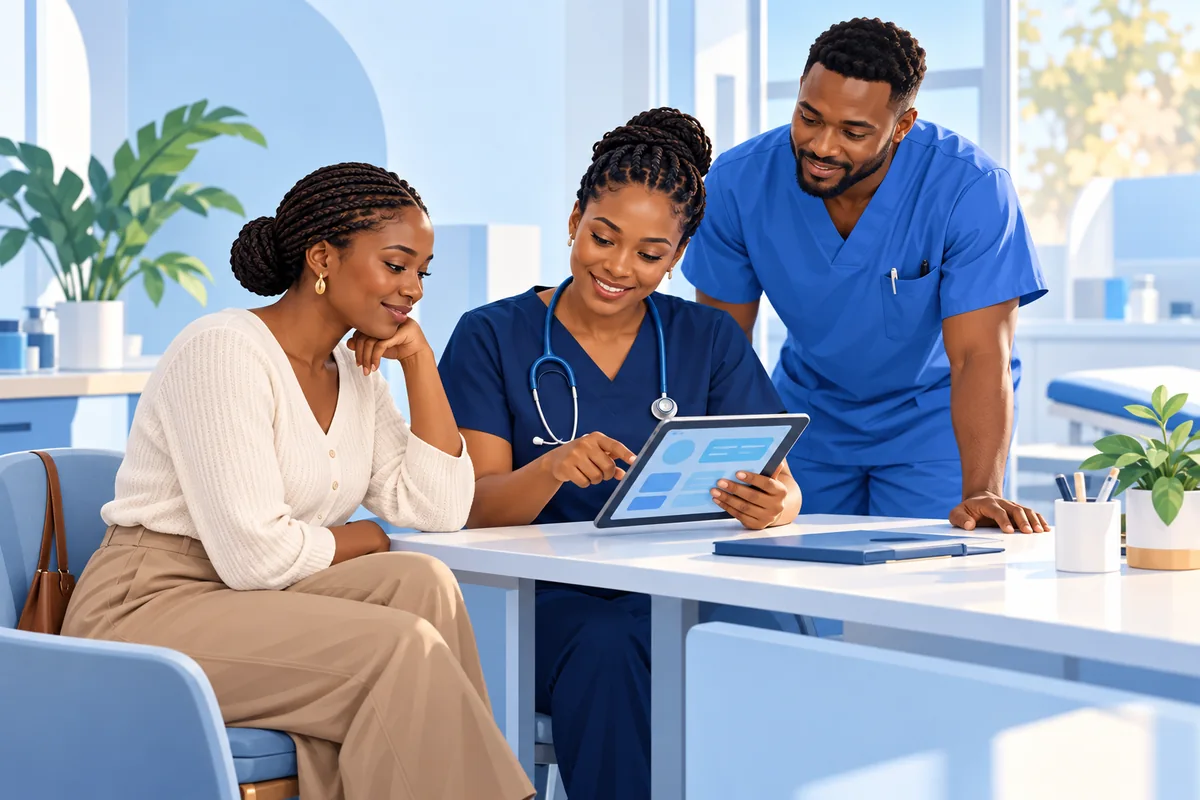 Illustration of a patient and healthcare team reviewing a tablet together