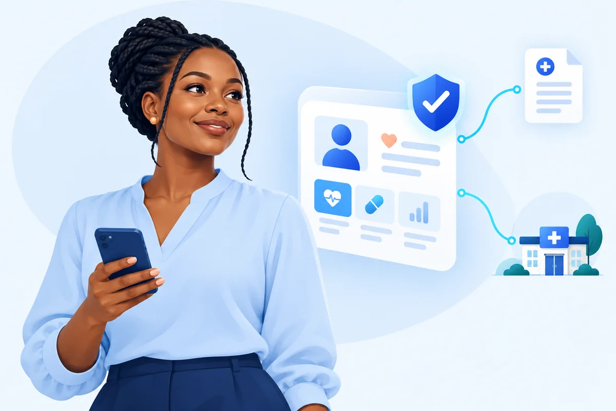 Illustration of a patient holding a phone beside her protected digital health record